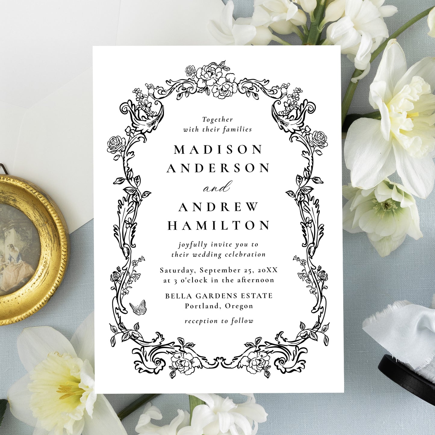 Elegant Black Victorian Floral Frame Wedding Invitation | Corjl Template
