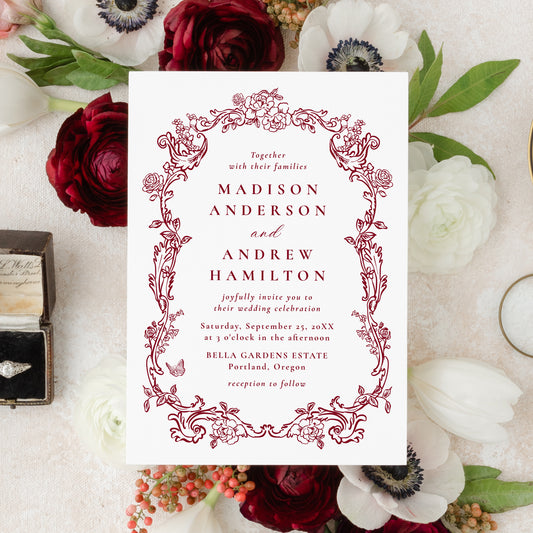 Elegant Burgundy Victorian Floral All-In-One Wedding Invitation | Corjl Template