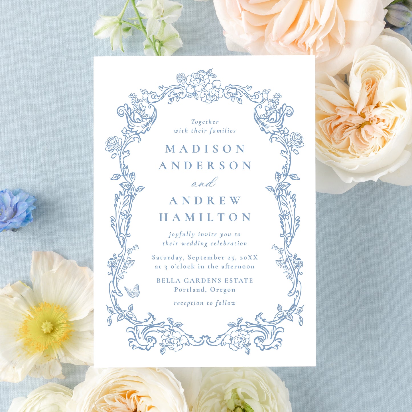 Elegant Dusty Blue Victorian Floral Frame Wedding Invitation | Corjl Template