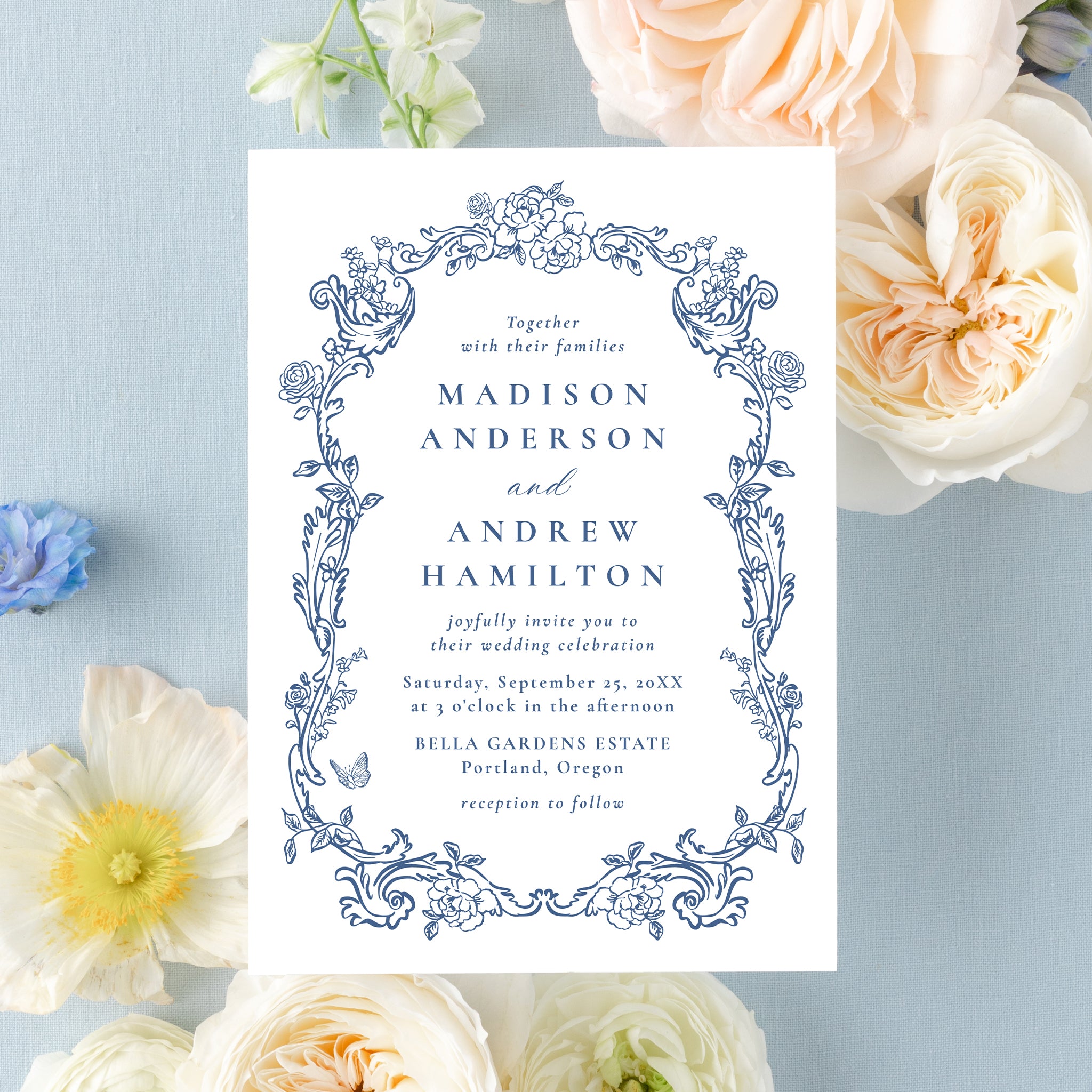 Elegant French Blue Victorian Floral Frame Wedding Invitation | Corjl ...