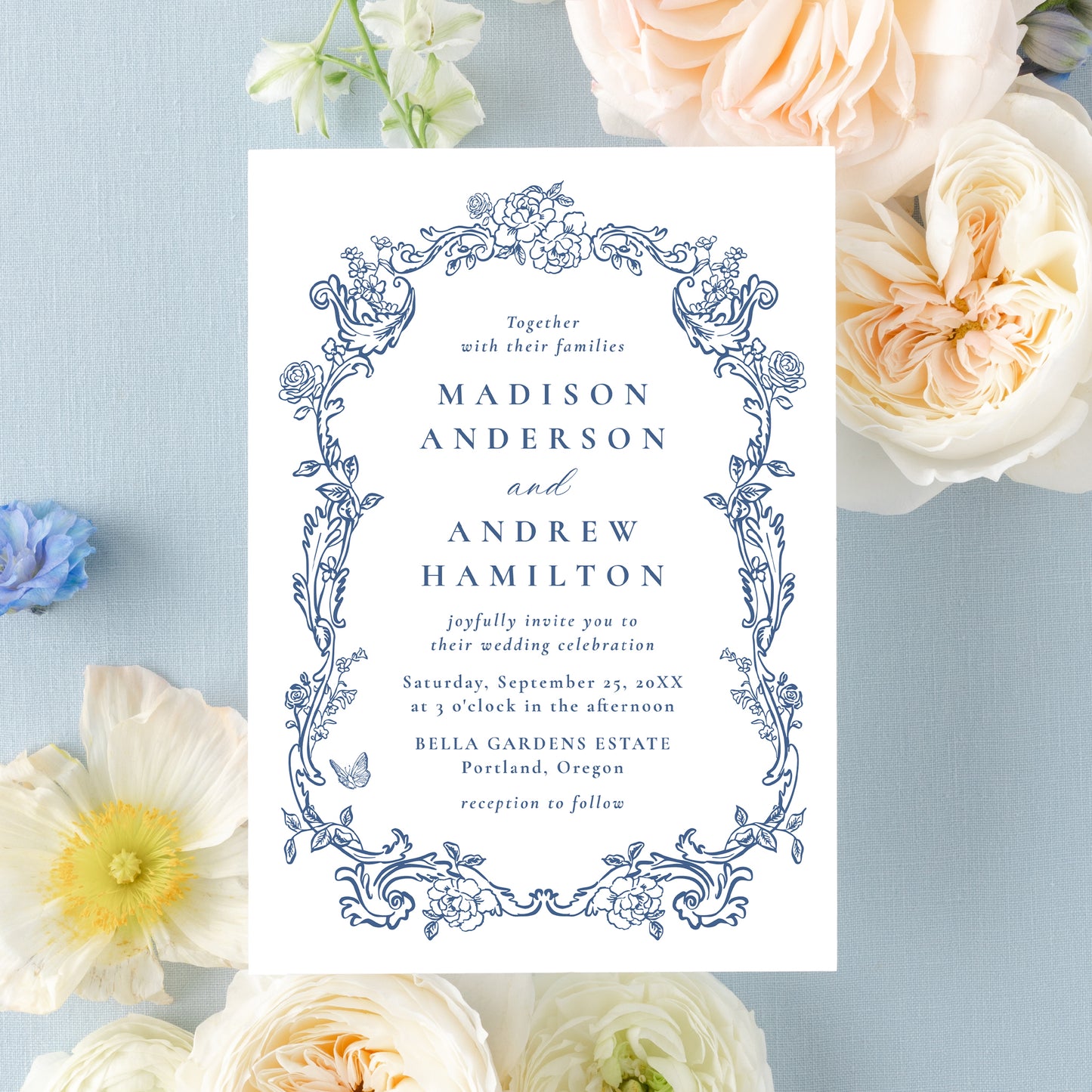 Elegant French Blue Victorian Floral Frame Wedding Invitation | Corjl Template