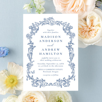 Elegant French Blue Victorian Floral Frame Wedding Invitation | Corjl Template