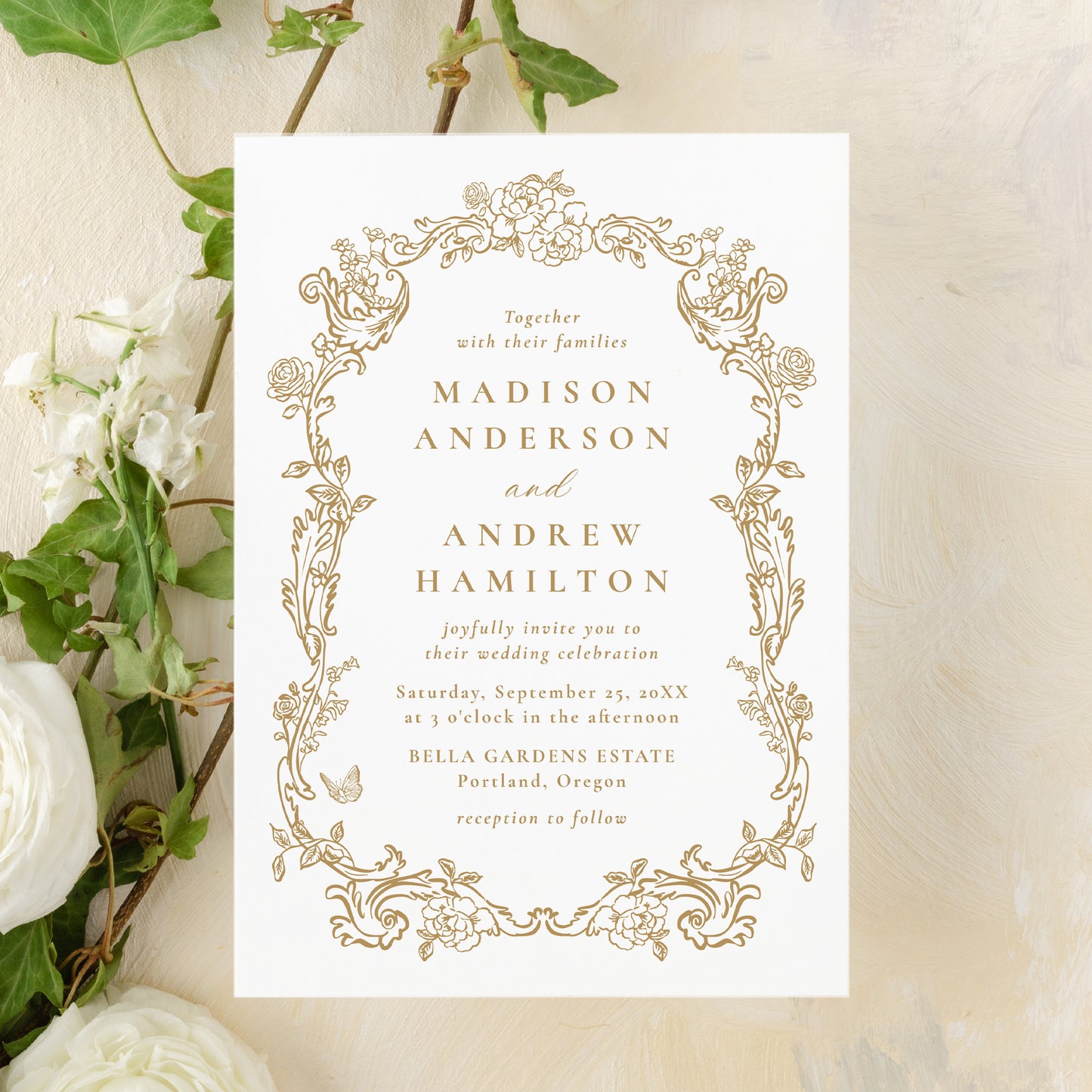 Elegant Gold Victorian Floral Frame Wedding Invitation | Corjl Template