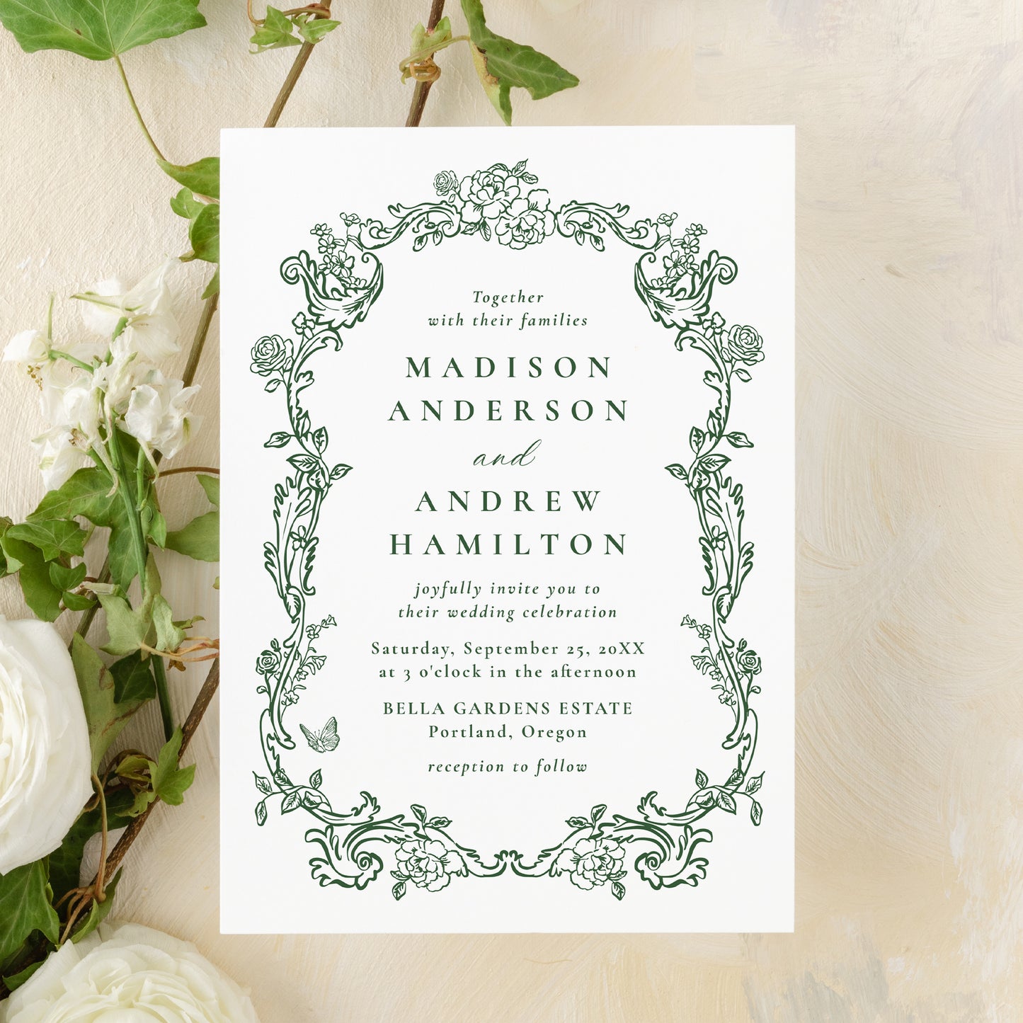 Elegant Green Victorian Floral Frame Wedding Invitation | Corjl Template