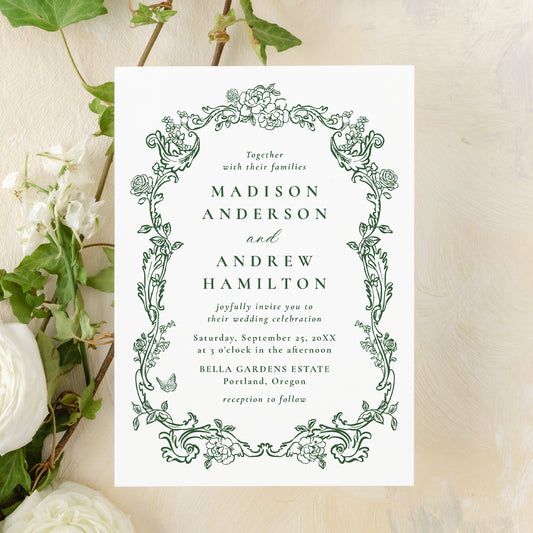Elegant Green Victorian Floral All-In-One Wedding Invitation |  Corjl Template