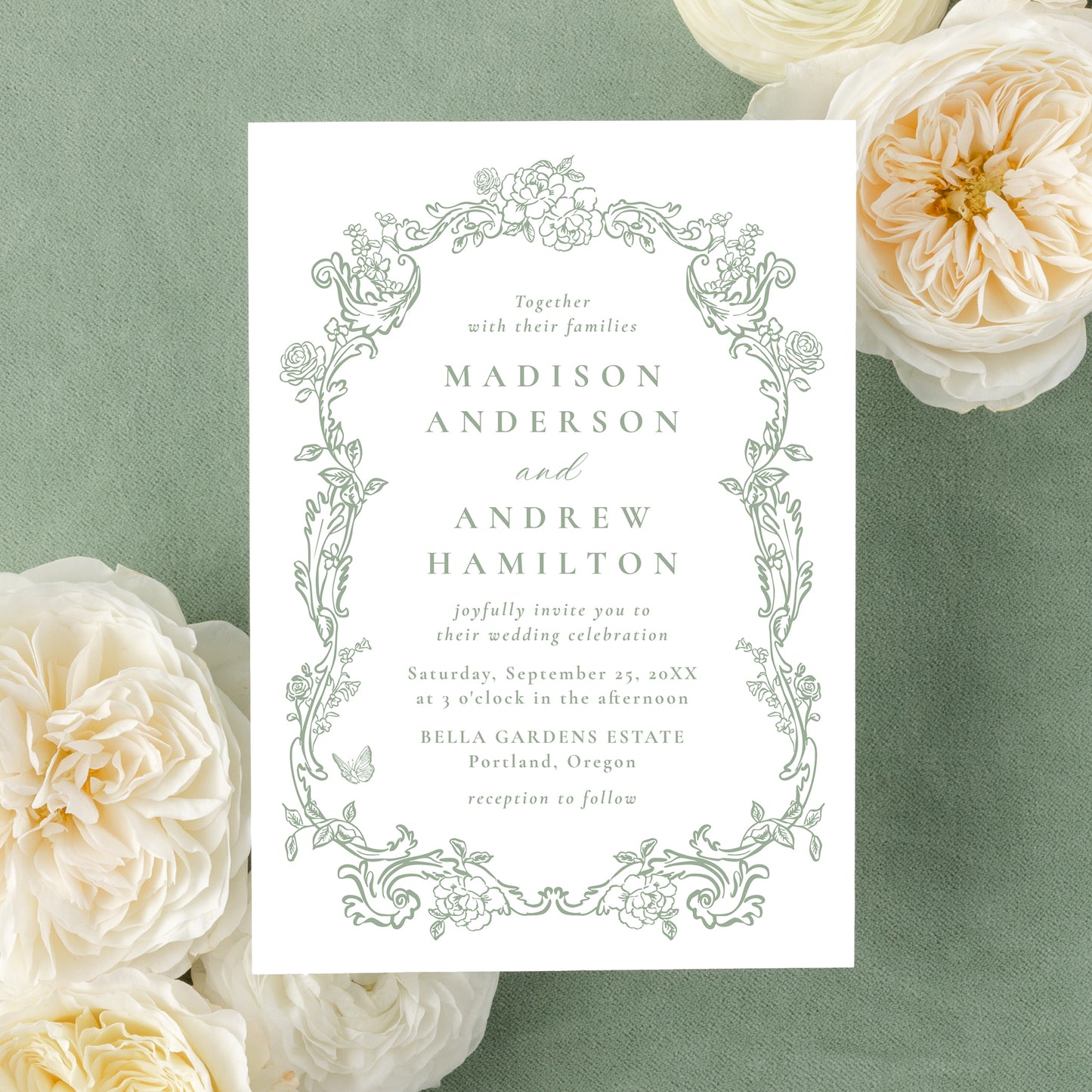 Elegant Sage Green Victorian Floral Frame Wedding Invitation | Corjl Template