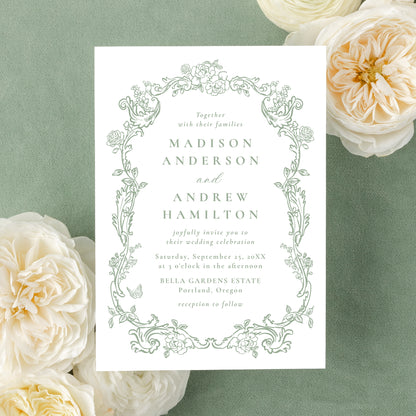 Elegant Sage Green Victorian Floral Frame Wedding Invitation | Corjl Template