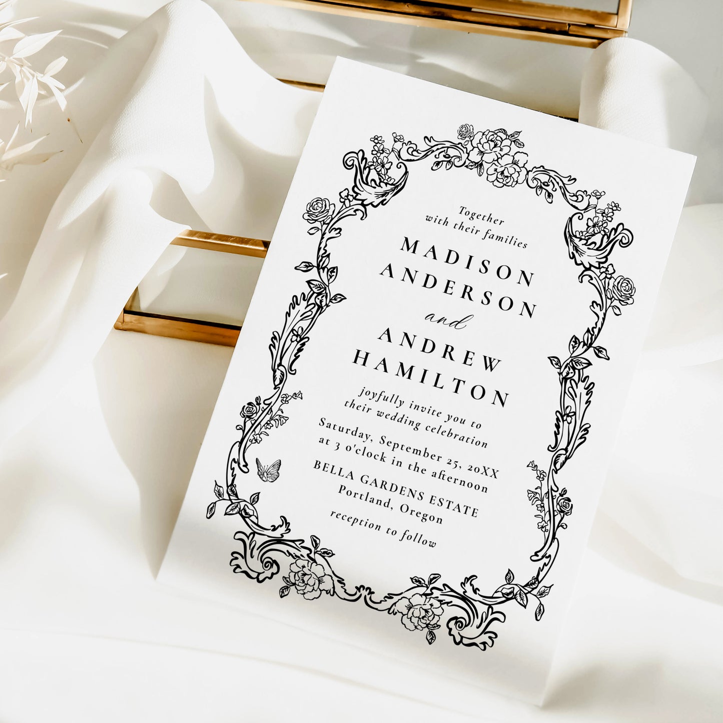 Elegant Black Victorian Floral Frame Wedding Invitation | Corjl Template