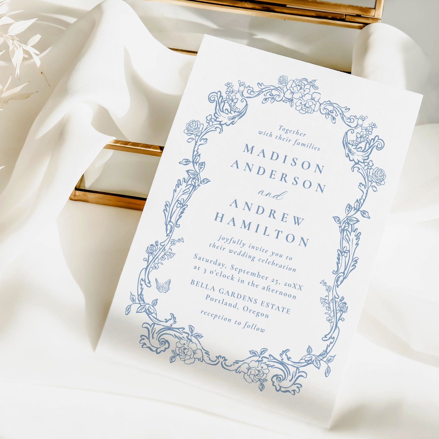 Elegant Dusty Blue Victorian Floral Frame Wedding Invitation | Corjl Template