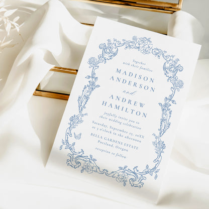 Elegant Dusty Blue Victorian Floral Frame Wedding Invitation | Corjl Template