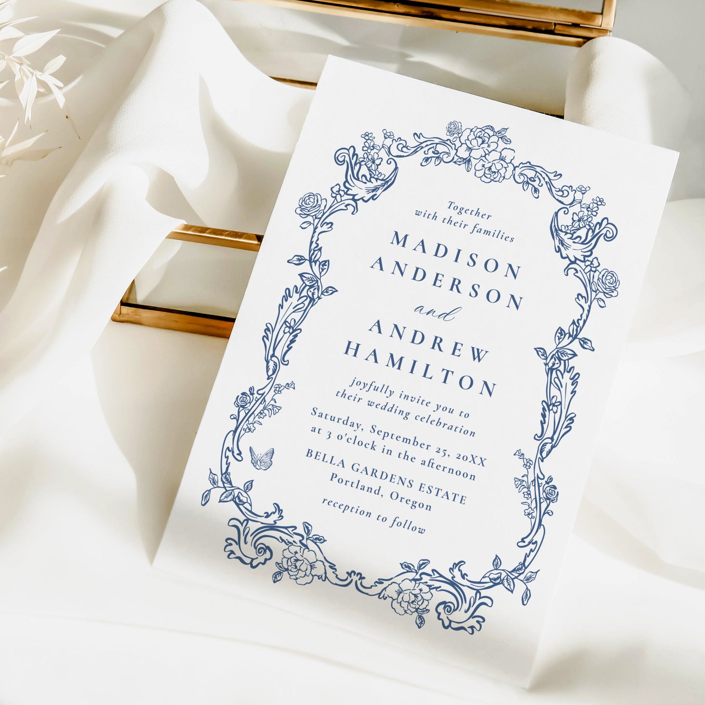 Elegant French Blue Victorian Floral Frame Wedding Invitation | Corjl Template