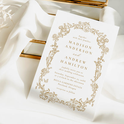 Elegant Gold Victorian Floral Frame Wedding Invitation | Corjl Template