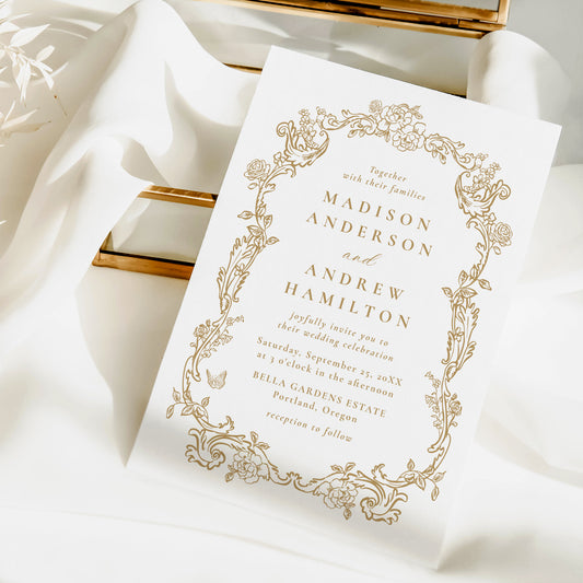 Elegant Gold Victorian Floral Frame Wedding Invitation | Corjl Template