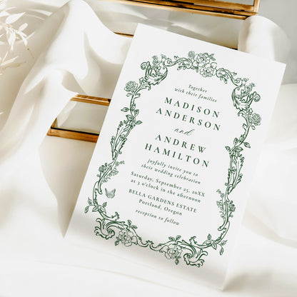 Elegant Green Victorian Floral Frame Wedding Invitation | Corjl Template