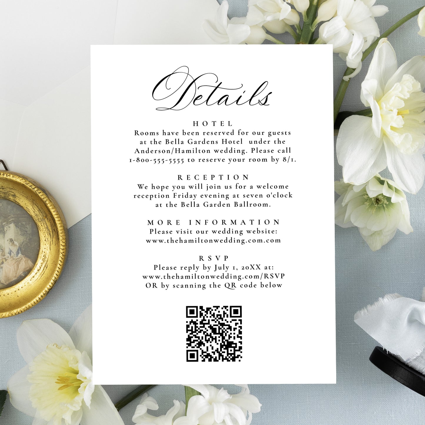 Elegant Black Victorian Floral All-In-One Wedding Invitation | Corjl Template