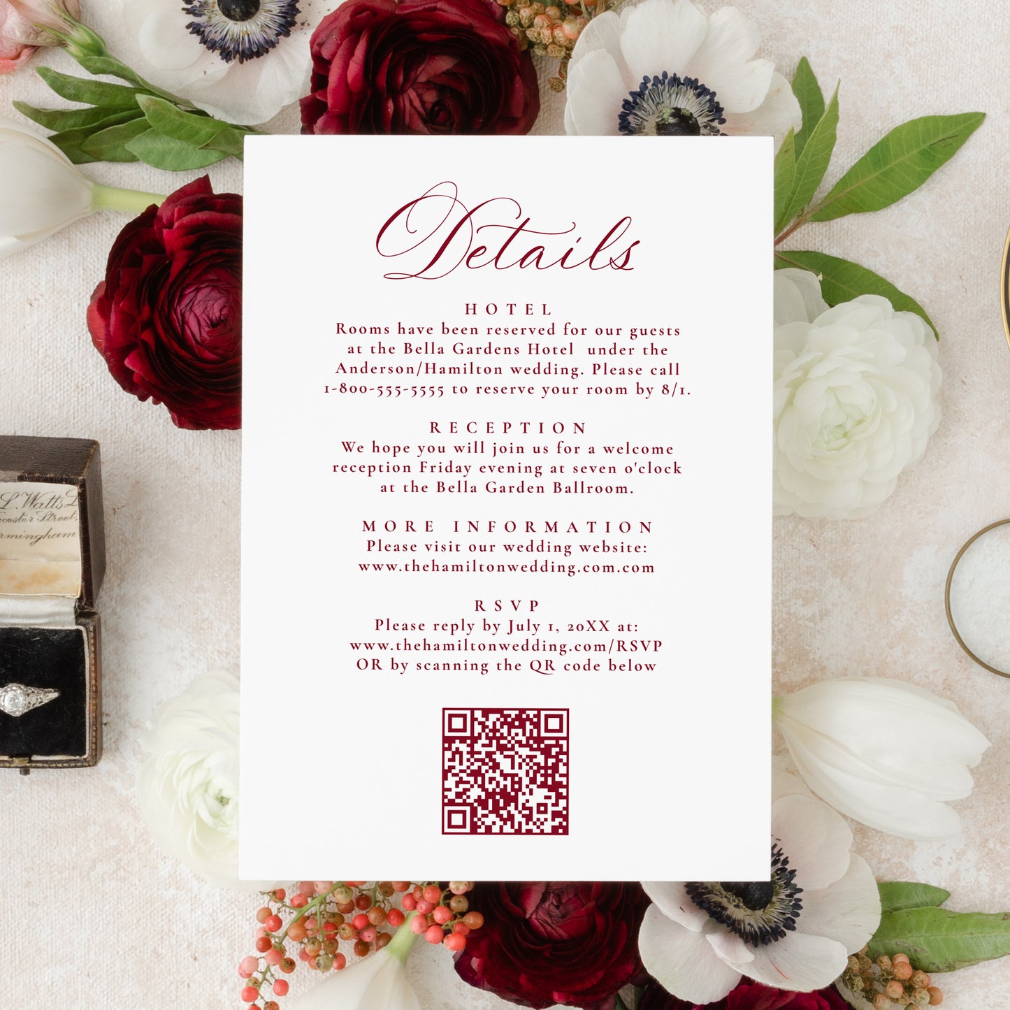 Elegant Burgundy Victorian Floral All-In-One Wedding Invitation | Corjl Template