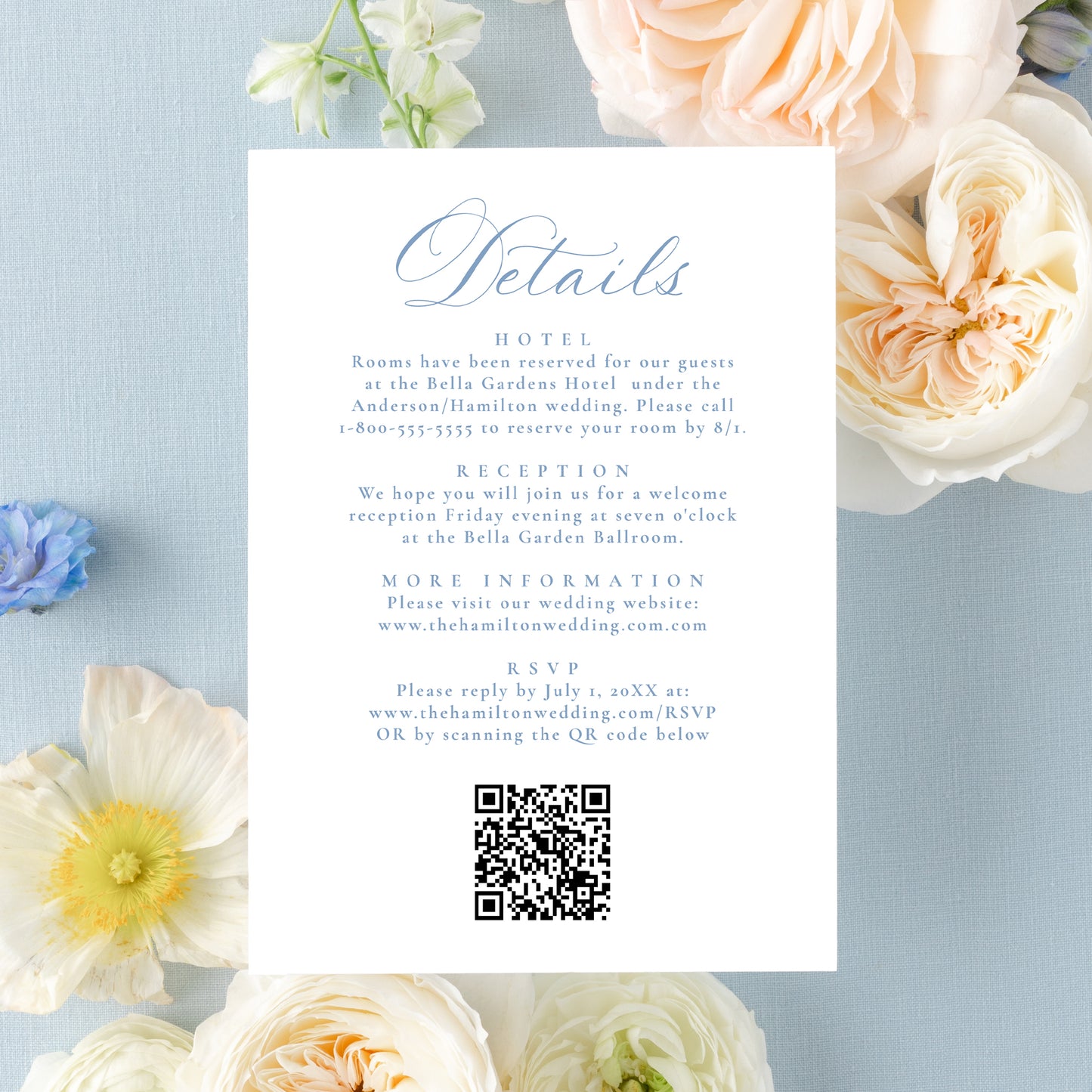 Elegant Dusty Blue Victorian Floral All-In-One Wedding Invitation | Corjl Template