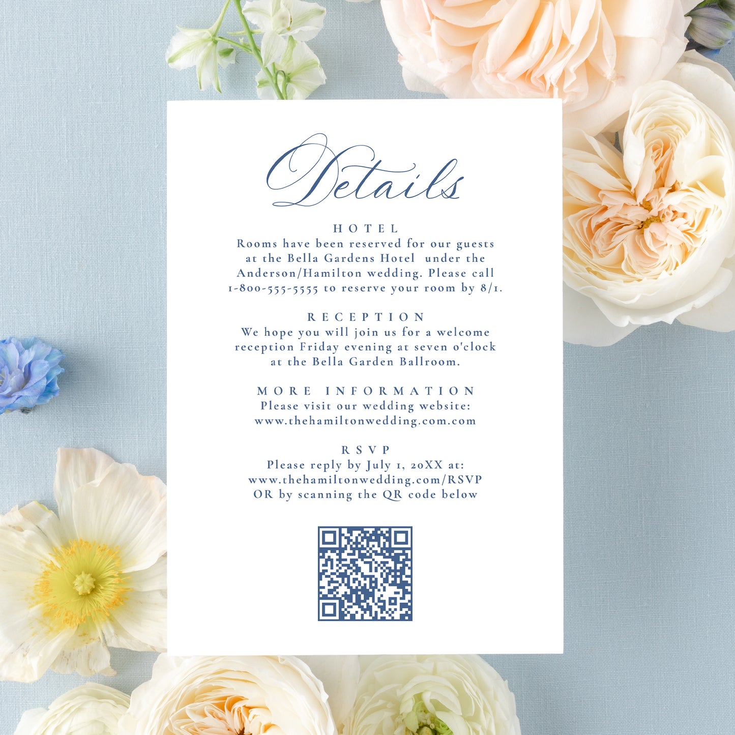 Elegant French Blue Victorian Floral All-In-One Wedding Invitation | Corjl Template