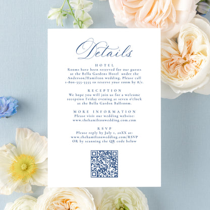 Elegant French Blue Victorian Floral All-In-One Wedding Invitation | Corjl Template