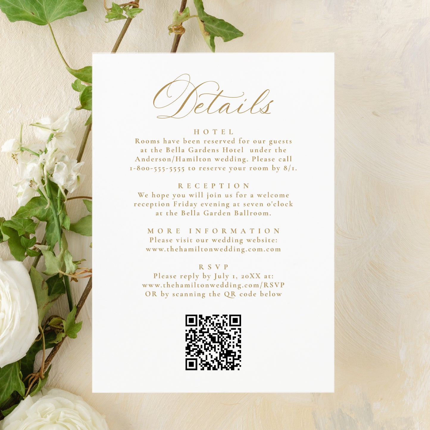 Elegant Gold Victorian Floral All-In-One Wedding Invitation | Corjl Template