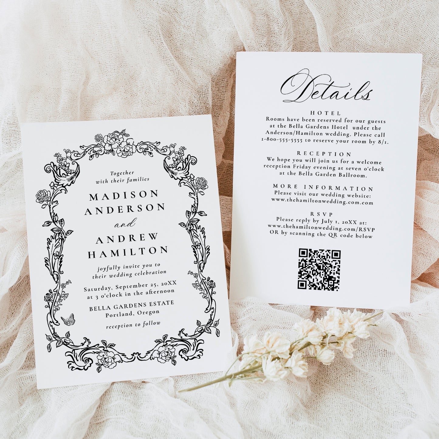 Elegant Black Victorian Floral All-In-One Wedding Invitation | Corjl Template