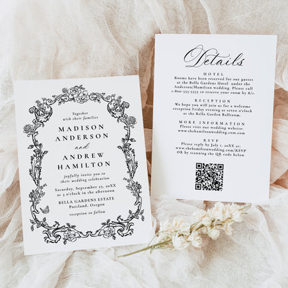 Elegant Black Victorian Floral All-In-One Wedding Invitation | Corjl Template