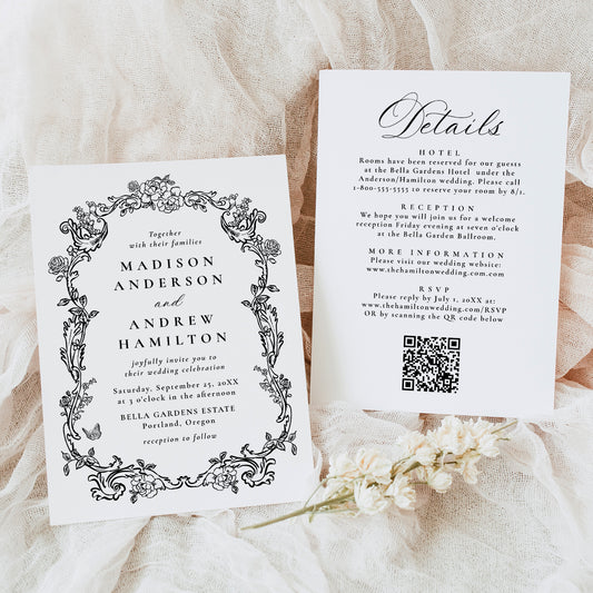 Elegant Black Victorian Floral All-In-One Wedding Invitation | Corjl Template