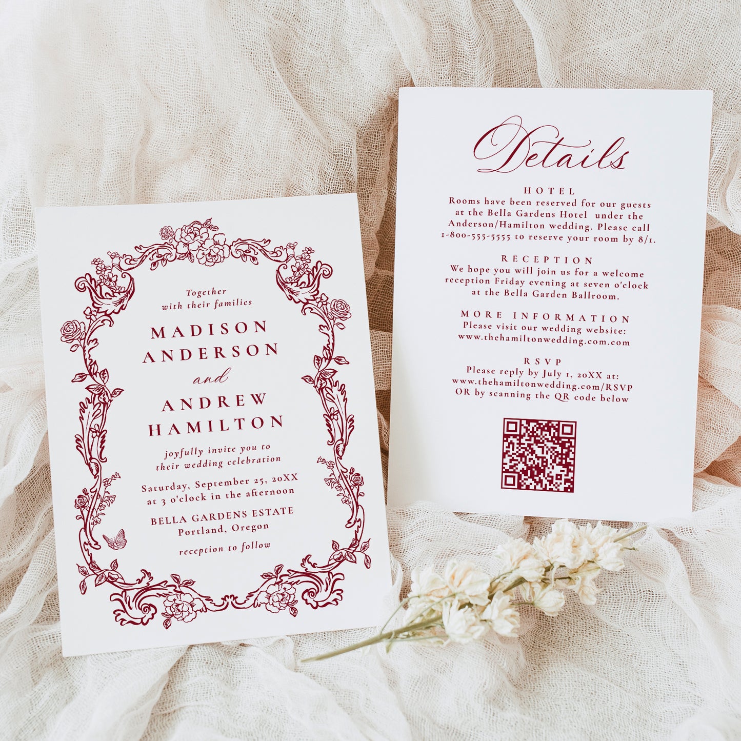 Elegant Burgundy Victorian Floral All-In-One Wedding Invitation | Corjl Template