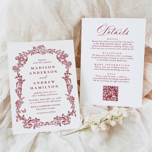 Elegant Burgundy Victorian Floral All-In-One Wedding Invitation | Corjl Template