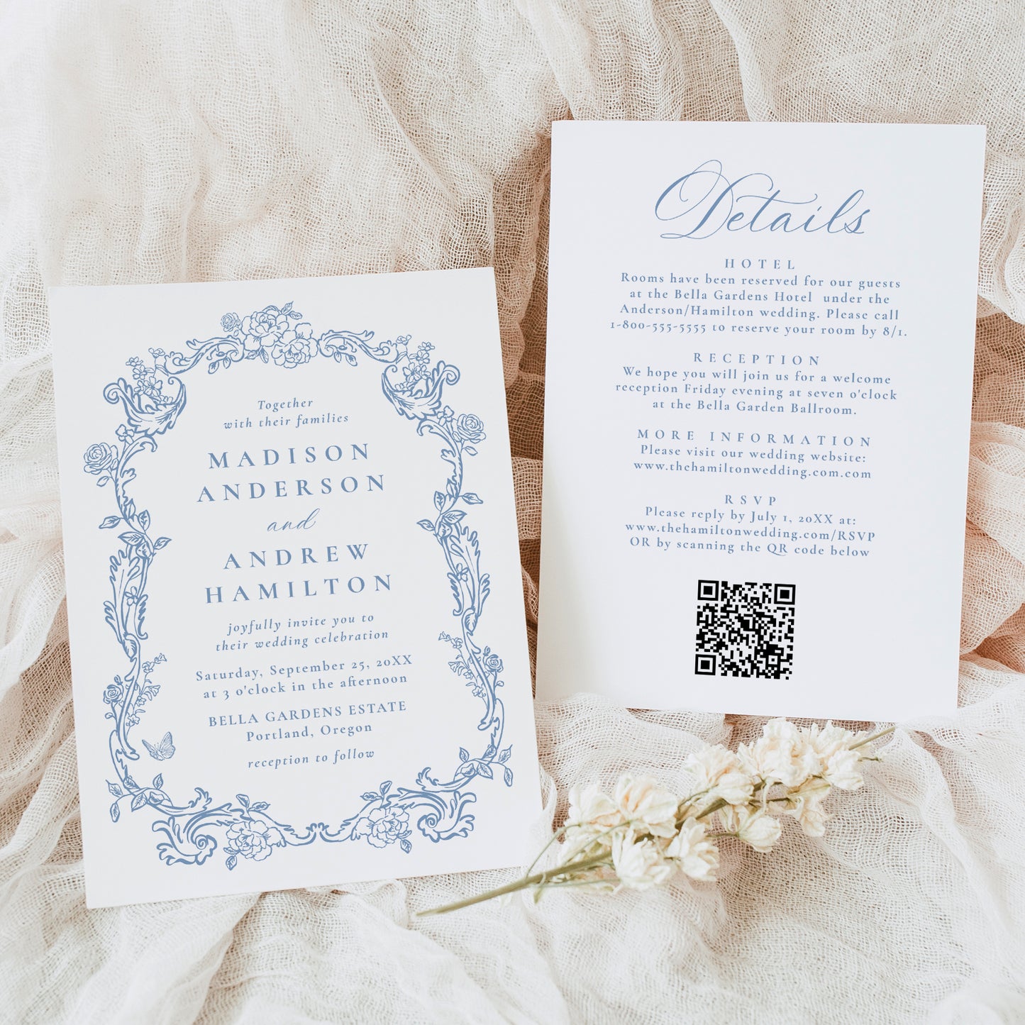 Elegant Dusty Blue Victorian Floral All-In-One Wedding Invitation | Corjl Template