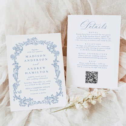 Elegant Dusty Blue Victorian Floral All-In-One Wedding Invitation | Corjl Template