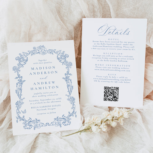 Elegant Dusty Blue Victorian Floral All-In-One Wedding Invitation | Corjl Template