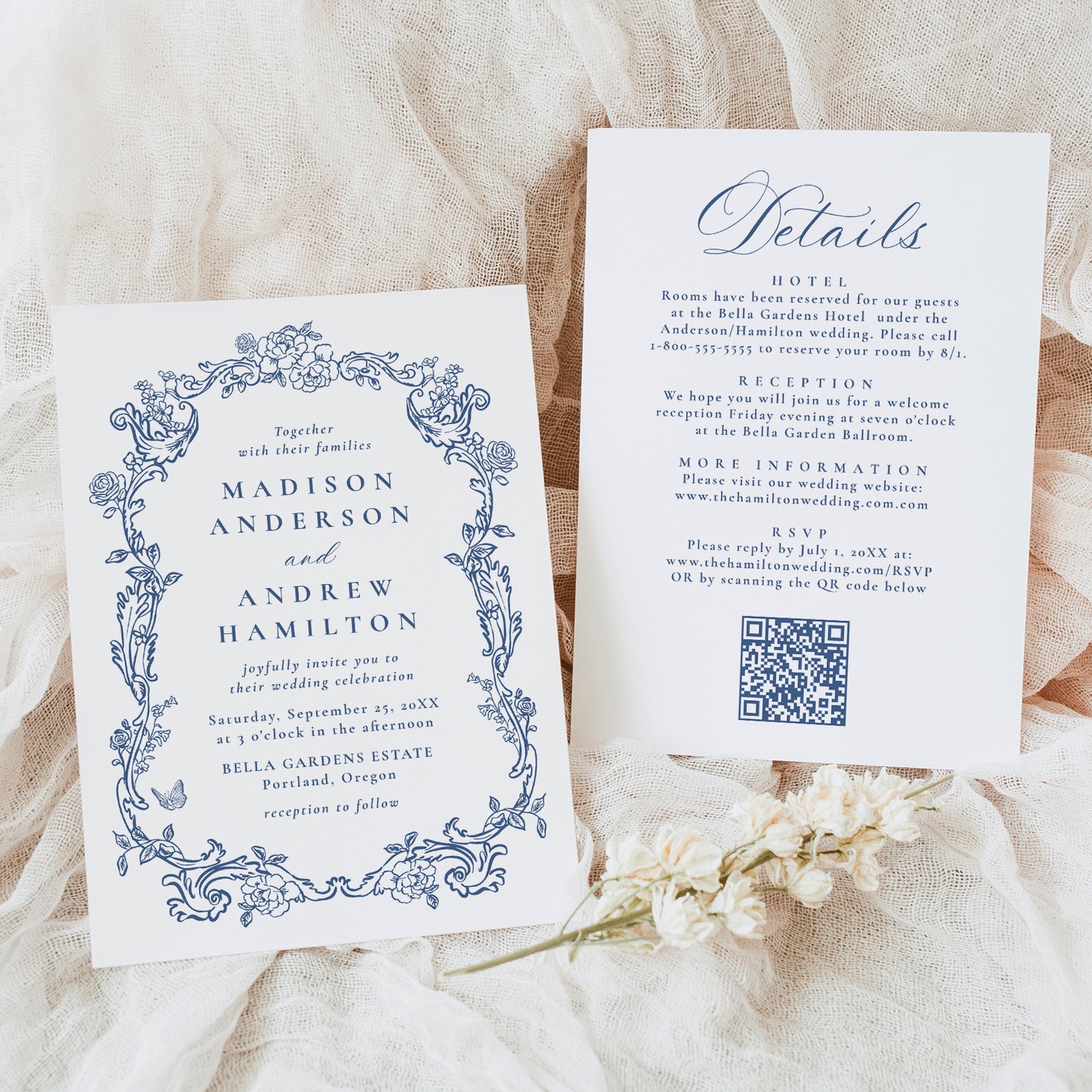 Elegant French Blue Victorian Floral All-In-One Wedding Invitation | Corjl Template