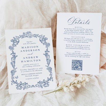 Elegant French Blue Victorian Floral All-In-One Wedding Invitation | Corjl Template