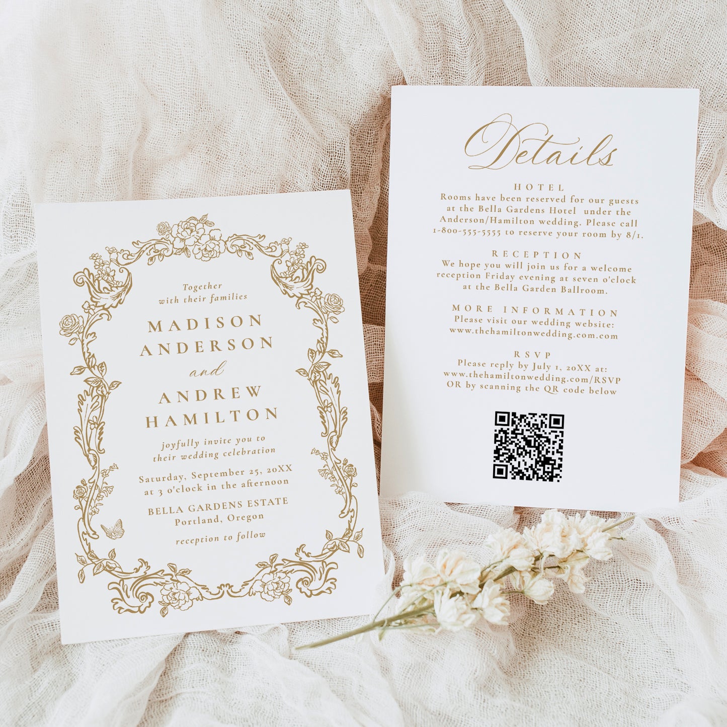 Elegant Gold Victorian Floral All-In-One Wedding Invitation | Corjl Template