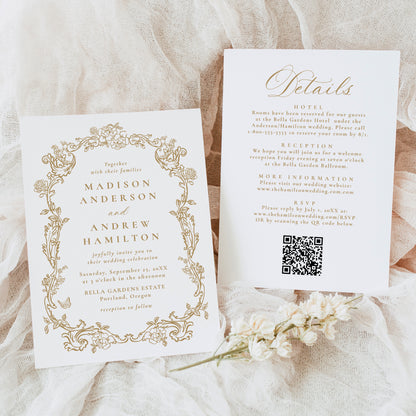 Elegant Gold Victorian Floral All-In-One Wedding Invitation | Corjl Template