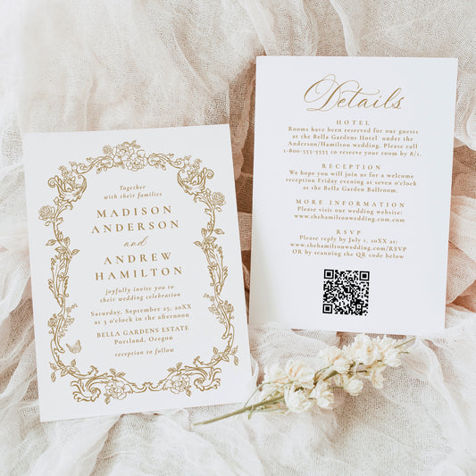 Elegant Gold Victorian Floral All-In-One Wedding Invitation | Corjl Template