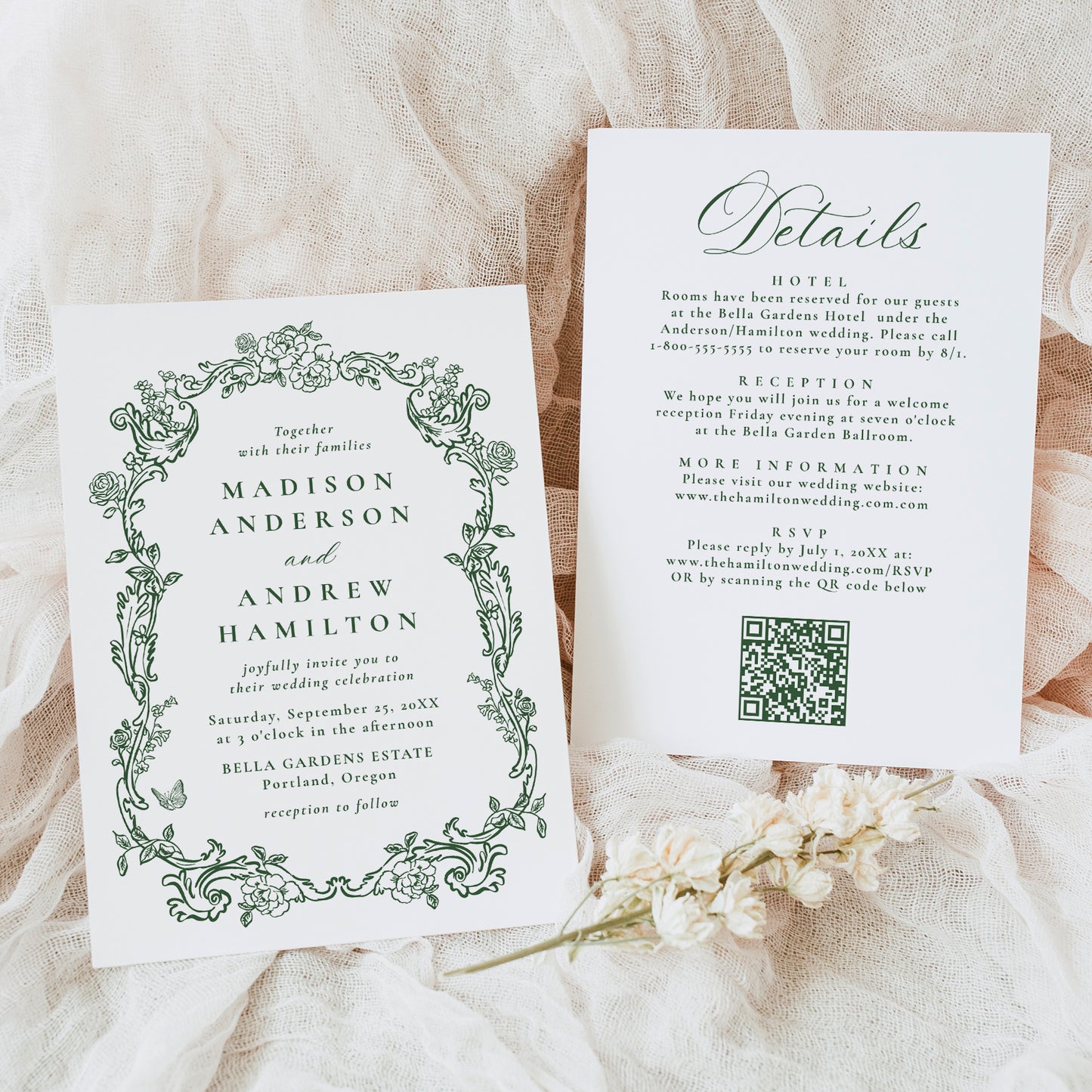 Elegant Green Victorian Floral All-In-One Wedding Invitation |  Corjl Template