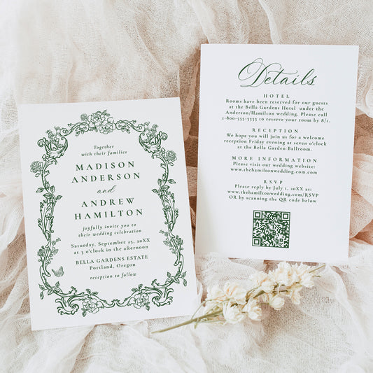 Elegant Green Victorian Floral All-In-One Wedding Invitation |  Corjl Template