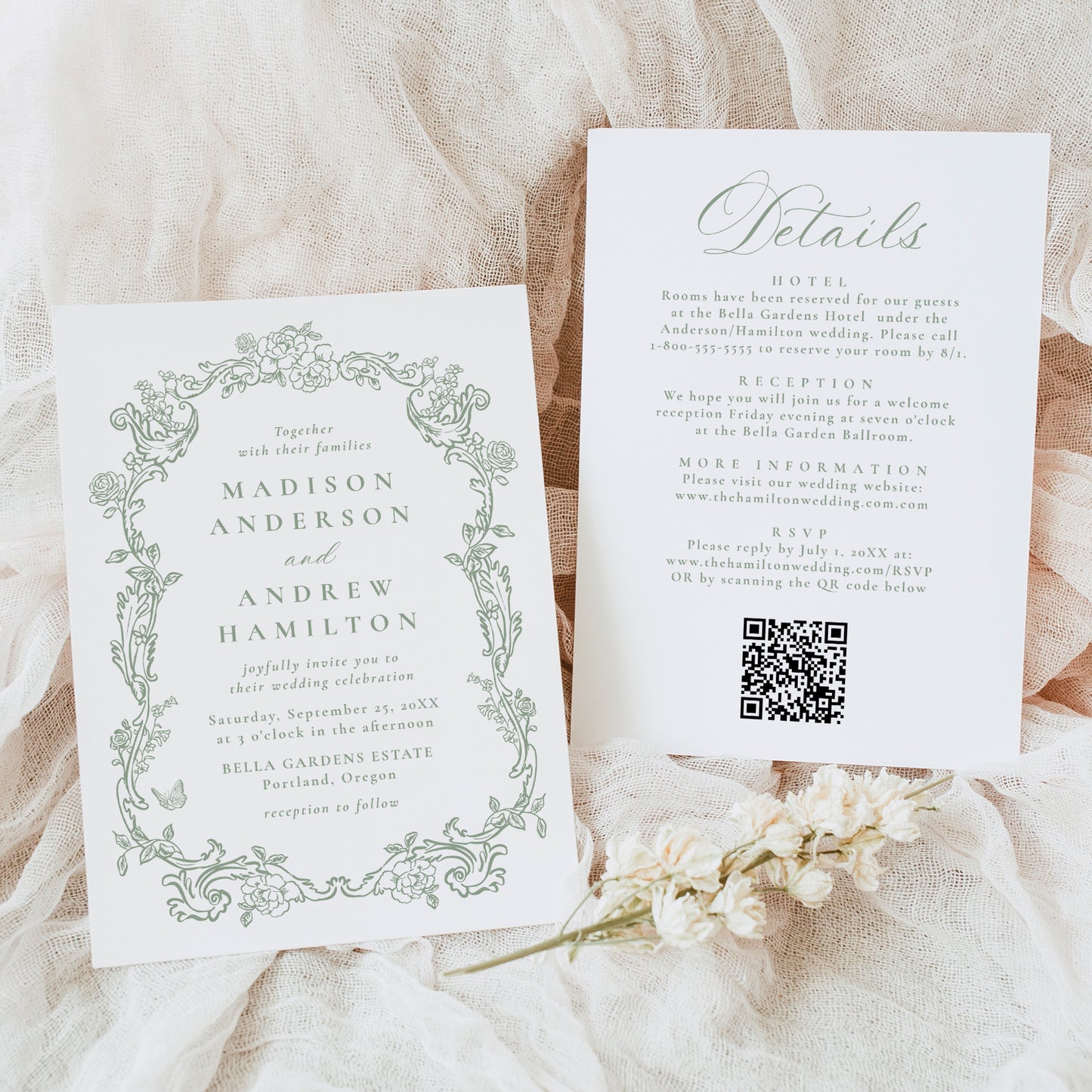 Elegant Sage Green Victorian Floral All-In-One Wedding Invitation | Corjl Template