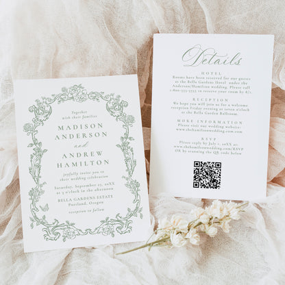Elegant Sage Green Victorian Floral All-In-One Wedding Invitation | Corjl Template