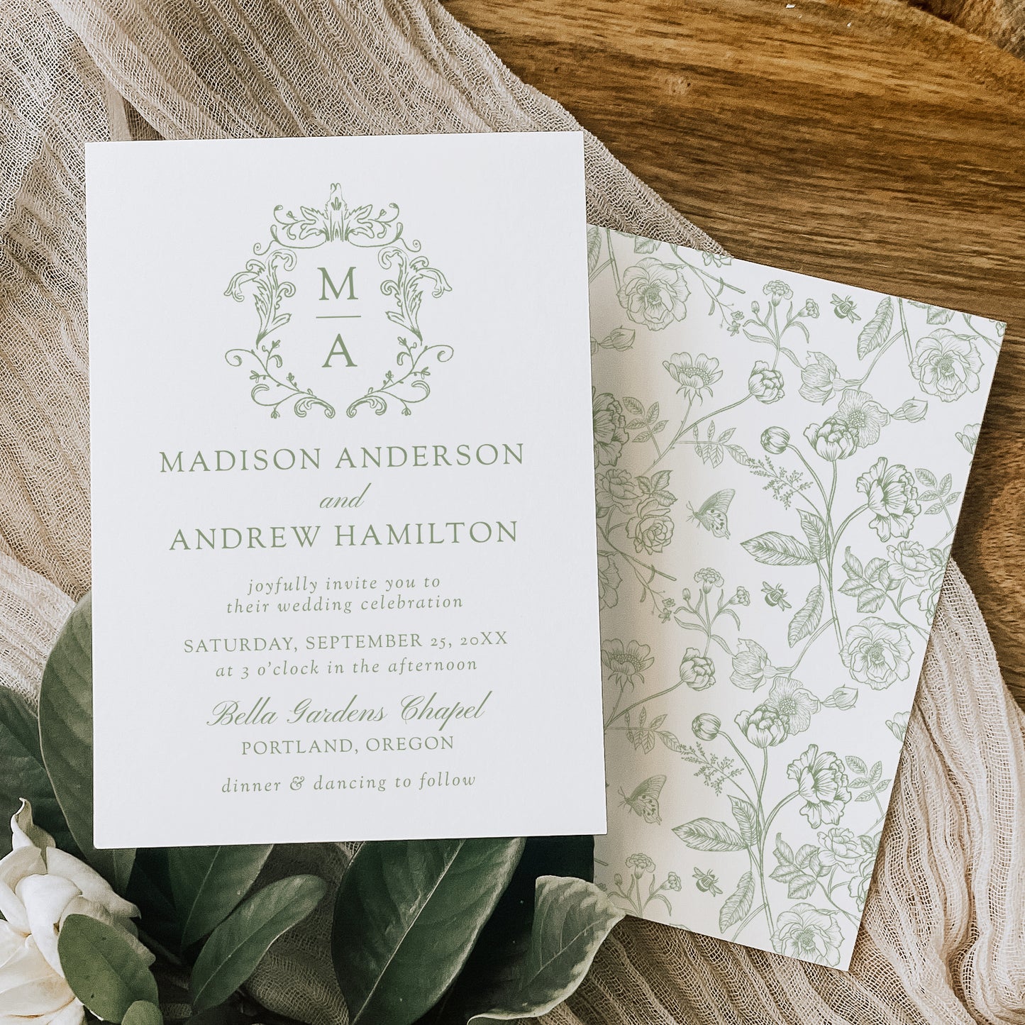 Elegant Green Chinoiserie Wedding Suite | Corjl Template