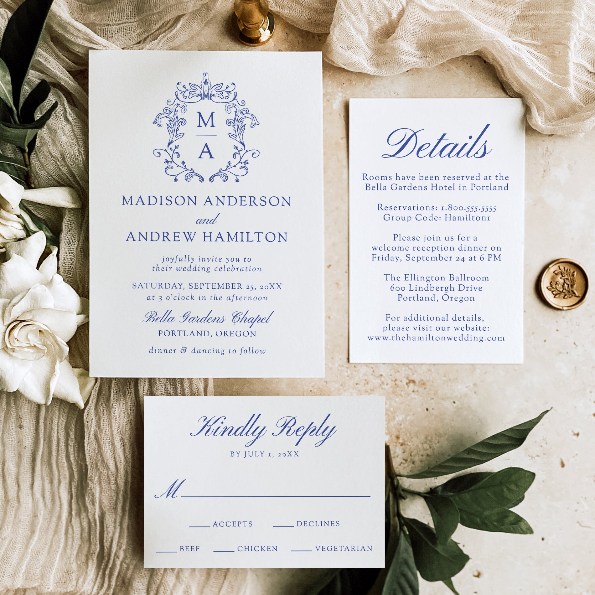 Wedding invitation set with RSVP card on a decorative surface with flowers and a seal.