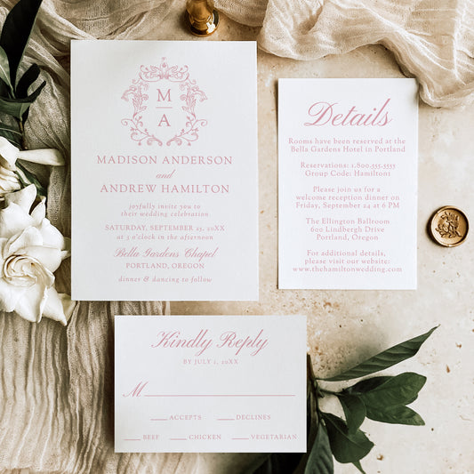 Elegant Rose Pink Chinoiserie Wedding Suite | Corjl Template
