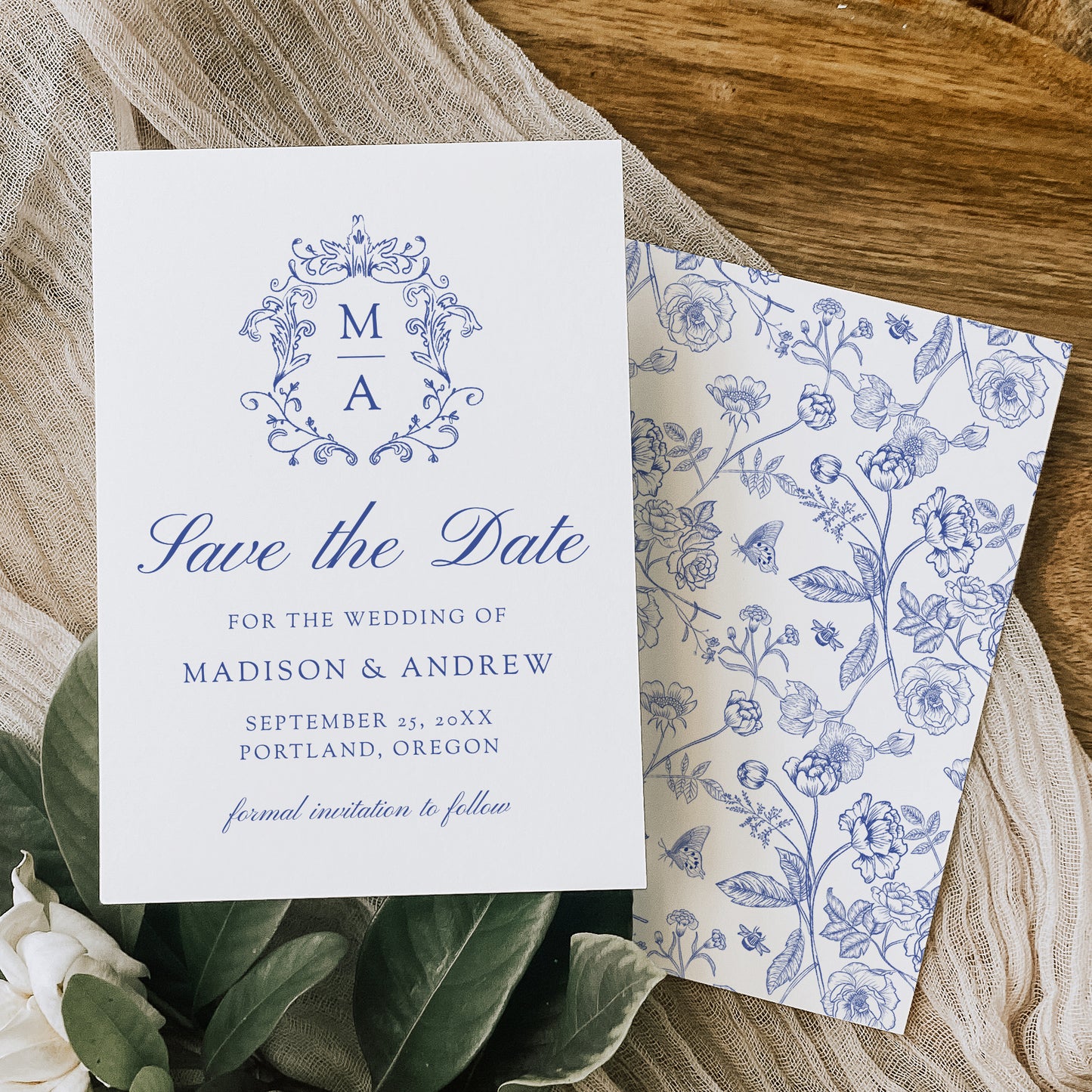 Elegant Blue Chinoiserie Monogram Crest Wedding Save The Date Card | Corjl Template