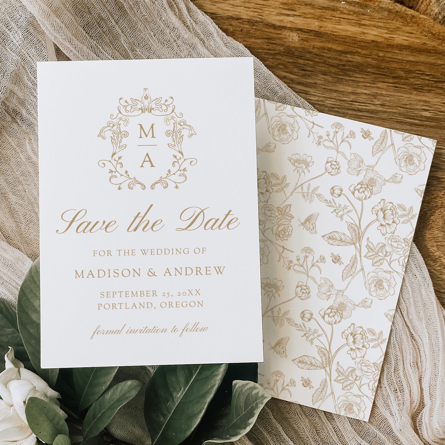 Elegant Gold Chinoiserie Monogram Crest Wedding Save The Date Card | Corjl Template
