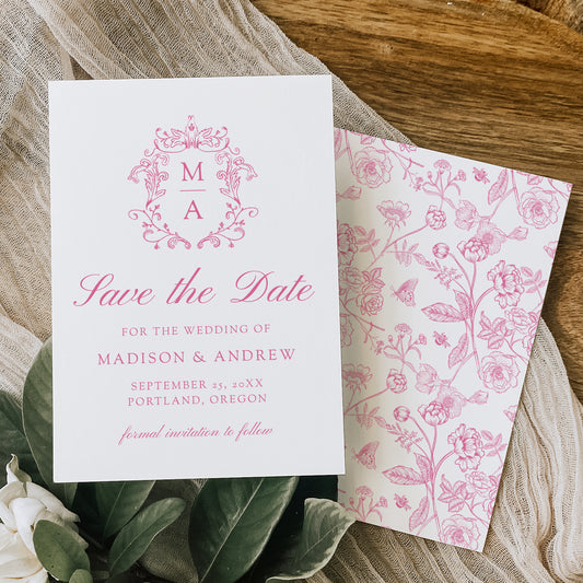 Elegant Pink Chinoiserie Monogram Crest Wedding Save The Date Card | Corjl Template