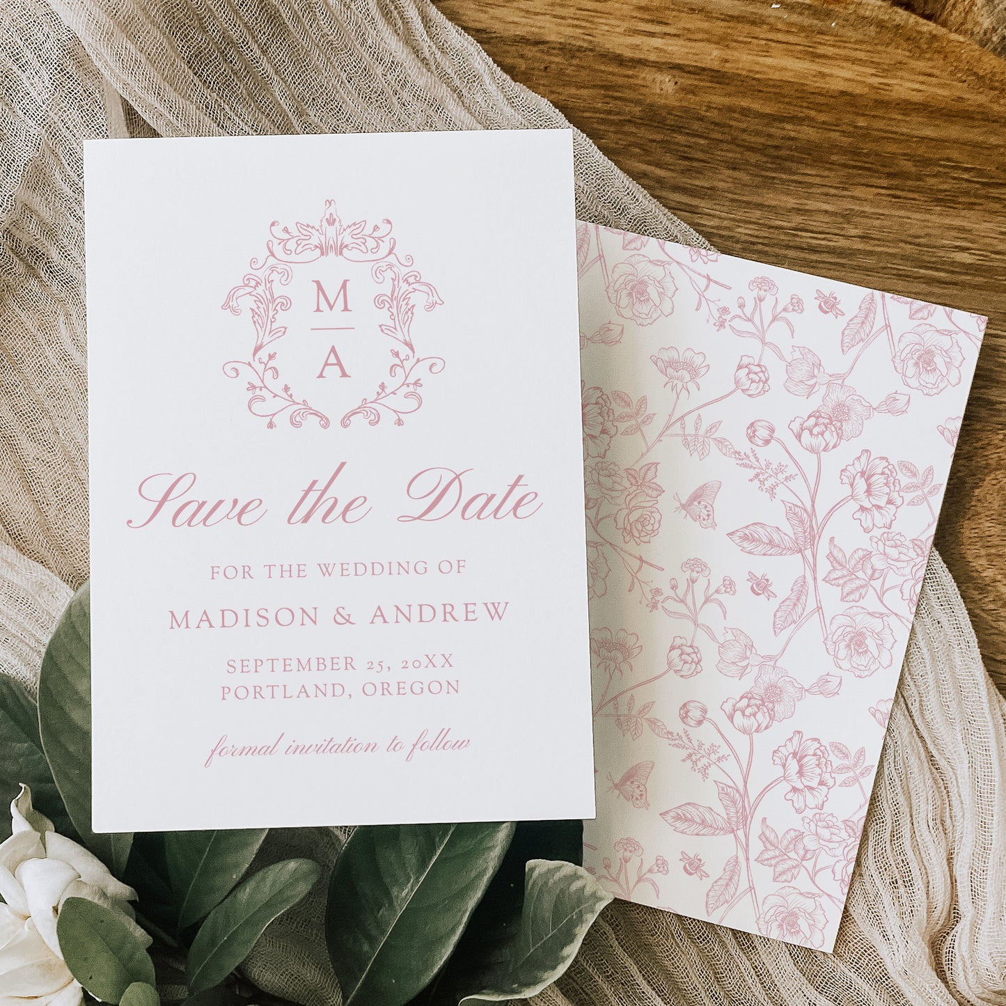 Elegant Rose Pink Chinoiserie Crest Wedding Save The Date Card | Corjl Template