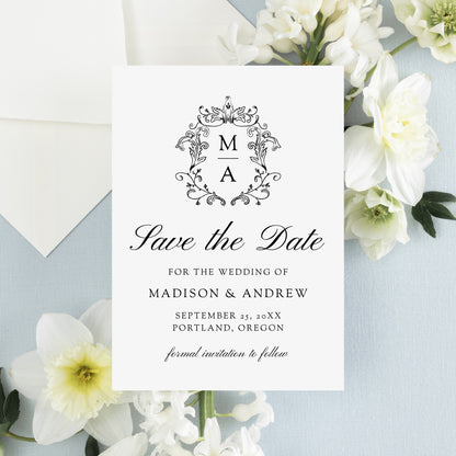 Elegant Black Chinoiserie Monogram Crest Wedding Save the Date Card | Corjl Template