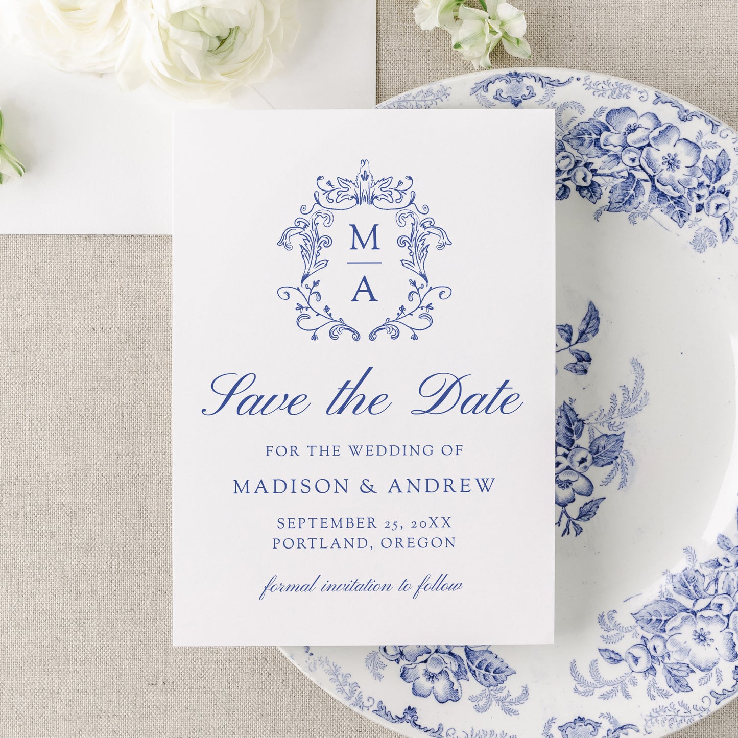 Elegant Blue Chinoiserie Monogram Crest Wedding Save The Date Card | Corjl Template